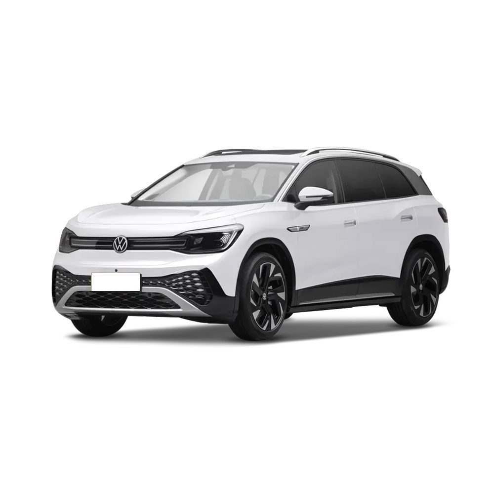 A white Volkswagen all-electric SUV presented in a side-front view against a plain white background, showcasing its modern design and black alloy wheels.