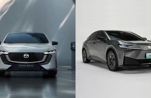 Side-by-side: Left: Mazda EZ-6 (light silver sedan, Mazda logo) at charging station. Right: Toyota bZ3 (dark gray hatchback, green badge). Both modern electric vehicles, sleek designs on neutral backdrops.
