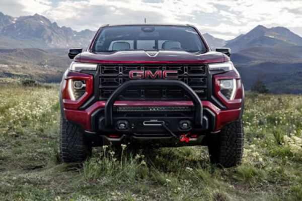 Rugged red GMC pickup truck with a front brush guard, parked on a grassy field with mountain backdrop.