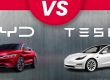 BYD (red sedan) vs. Tesla (white sedan) comparison graphic with "VS" banner on textured background.