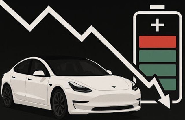 White Tesla Model 3 with a downward-trending graph and a partially drained battery icon, illustrating EV battery degradation.