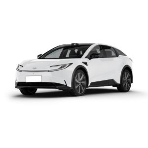 A sleek white electric SUV with a modern design, featuring slim headlights, black accents, and alloy wheels, displayed against a plain white background.