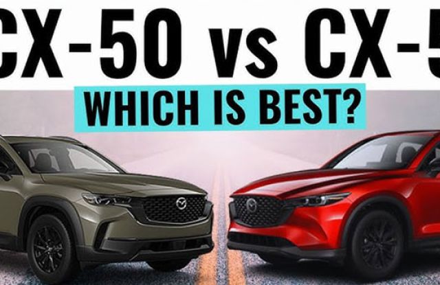 A comparison image of Mazda CX-50 (olive green) and CX-5 (red) SUVs, with the text "CX-50 vs CX-5 WHICH IS BEST?" highlighting a head-to-head model comparison.