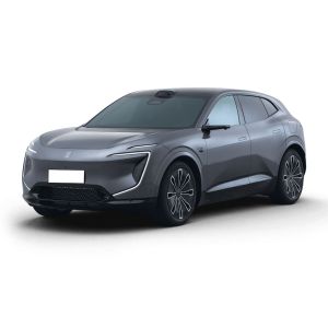 A gray electric SUV with a futuristic design, featuring sleek headlights, unique alloy wheels, and a sensor on the roof, showcased against a white background, highlighting its modern and innovative aesthetics.