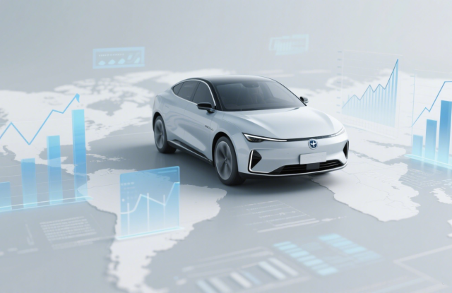 An electric car positioned on a world map, surrounded by digital graphs and charts, representing the integration of automotive technology and global market data.