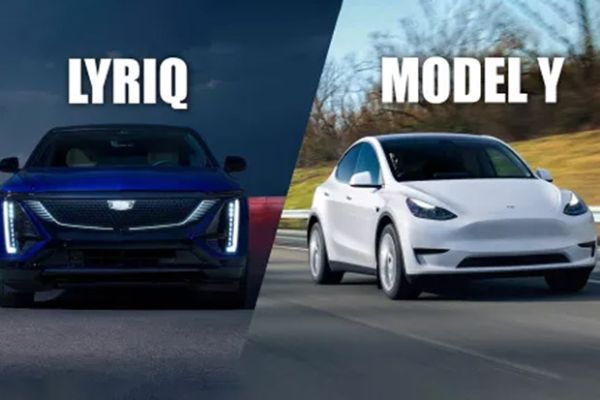 Split-image comparison of a blue Cadillac Lyriq and a white Tesla Model Y electric SUVs.