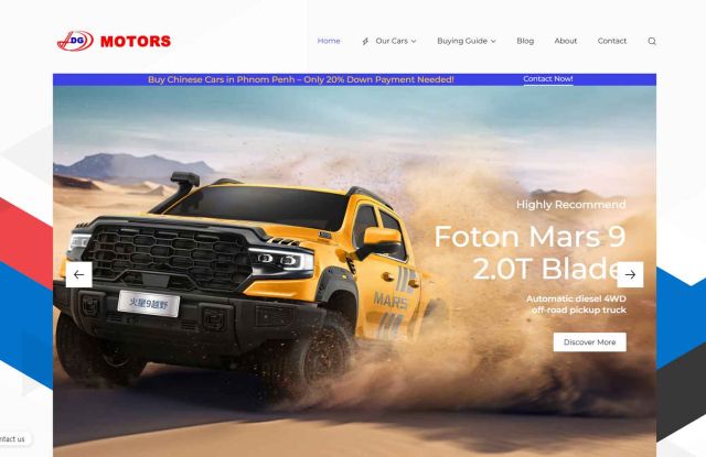 DG Motors website homepage showcasing Foton Mars 9 off - road pickup truck.