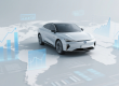 An electric car positioned on a world map, surrounded by digital graphs and charts, representing the integration of automotive technology and global market data.