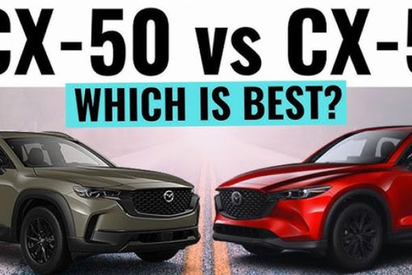 A comparison image of Mazda CX-50 (olive green) and CX-5 (red) SUVs, with the text "CX-50 vs CX-5 WHICH IS BEST?" highlighting a head-to-head model comparison.