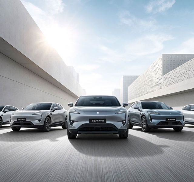 រថយន្តអគ្គិសនីចំនួនប្រាំគ្រឿងត្រូវបានតម្រៀបគ្នានៅលើផ្លូវក្នុងទីក្រុងទំនើប។