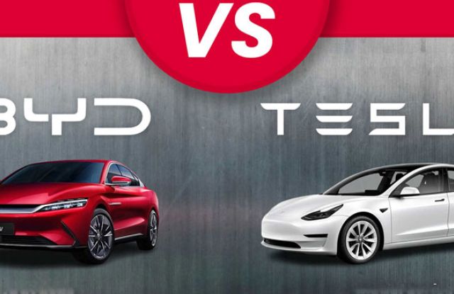 BYD (red sedan) vs. Tesla (white sedan) comparison graphic with "VS" banner on textured background.