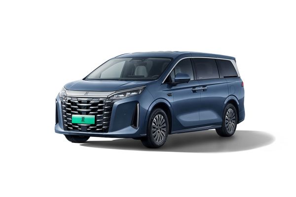 A blue MPV with a green license plate, isolated on a white background.