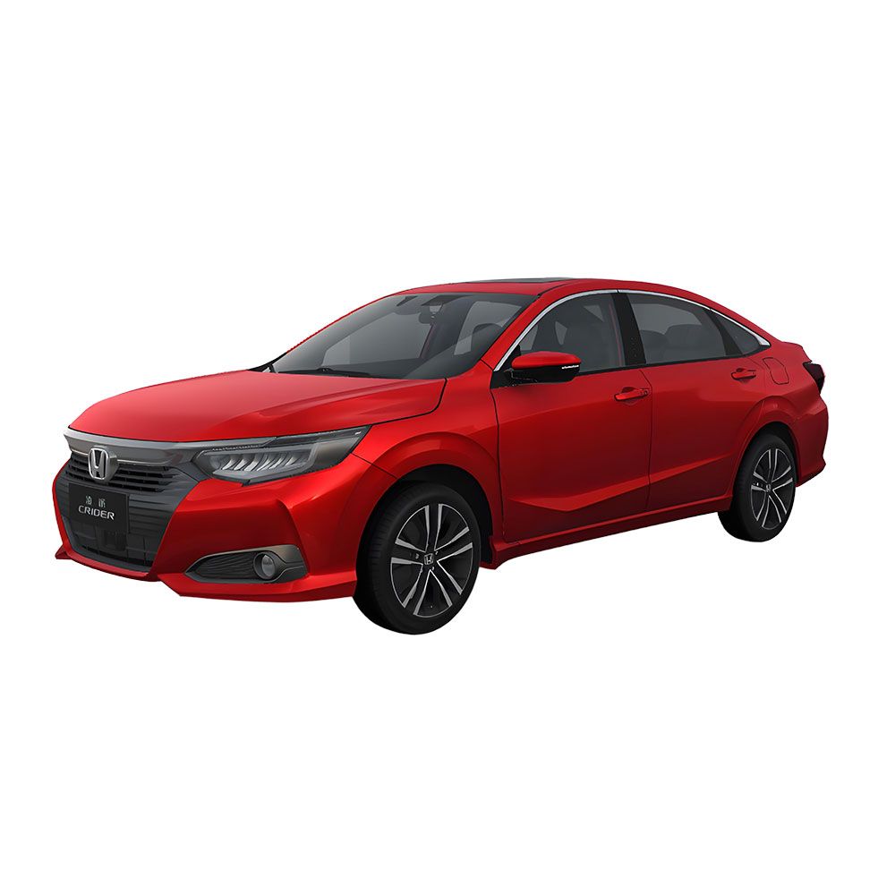 Side view of a red Honda Crider sedan, showcasing its sleek design.