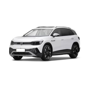 A white Volkswagen all-electric SUV presented in a side-front view against a plain white background, showcasing its modern design and black alloy wheels.