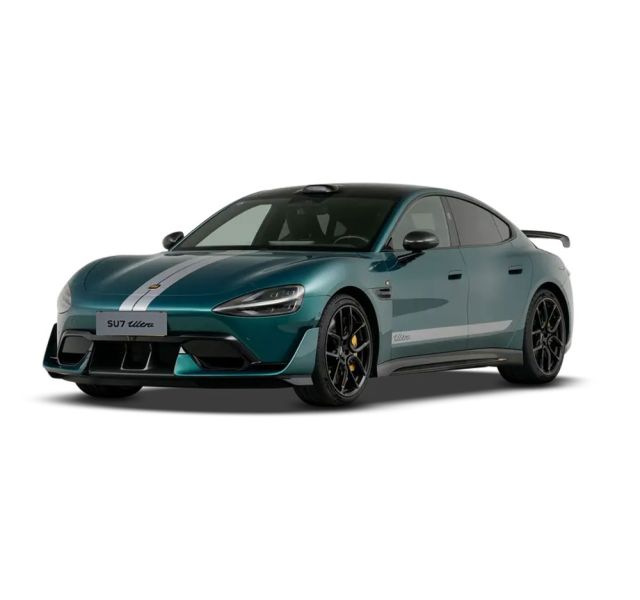 A teal electric sports car named “XIAOMI SU7 Ultra” with white stripes.