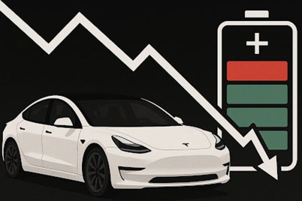 White Tesla Model 3 with a downward-trending graph and a partially drained battery icon, illustrating EV battery degradation.