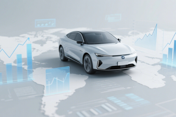 An electric car positioned on a world map, surrounded by digital graphs and charts, representing the integration of automotive technology and global market data.