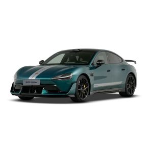 A teal electric sports car named “XIAOMI SU7 Ultra” with white stripes.