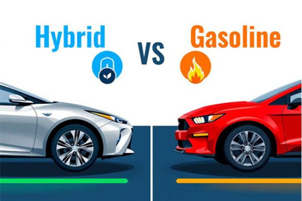 Infographic comparing a silver hybrid car and a red gasoline car, with icons and labels highlighting their key differences in efficiency and fuel type.