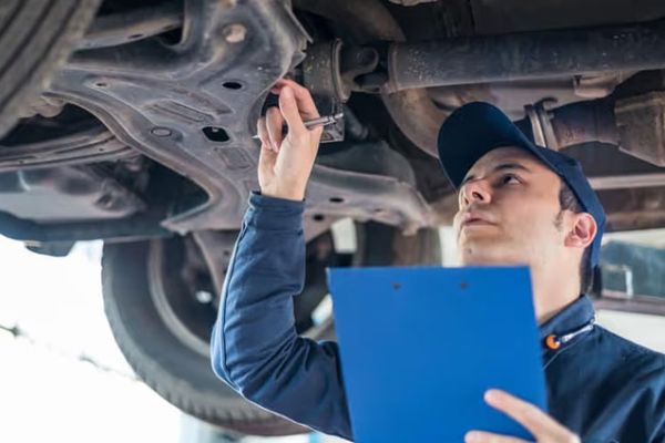 A mechanic in a blue uniform and cap inspects a car's undercarriage with a tool, holding a blue clipboard, in an auto repair shop.