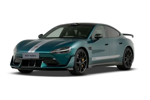 A teal electric sports car named “XIAOMI SU7 Ultra” with white stripes.