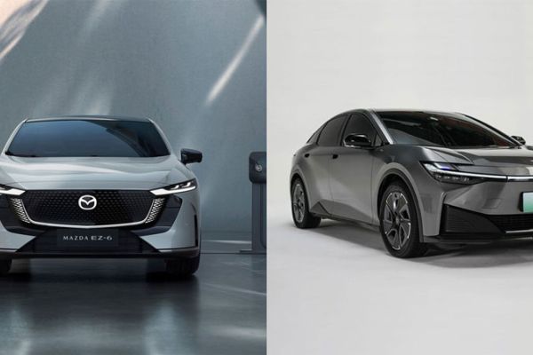 Side-by-side: Left: Mazda EZ-6 (light silver sedan, Mazda logo) at charging station. Right: Toyota bZ3 (dark gray hatchback, green badge). Both modern electric vehicles, sleek designs on neutral backdrops.