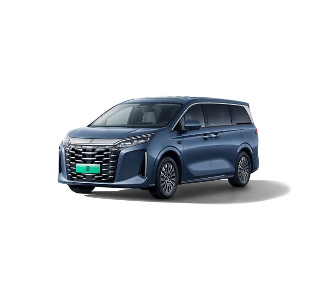 A blue MPV with a green license plate, isolated on a white background.