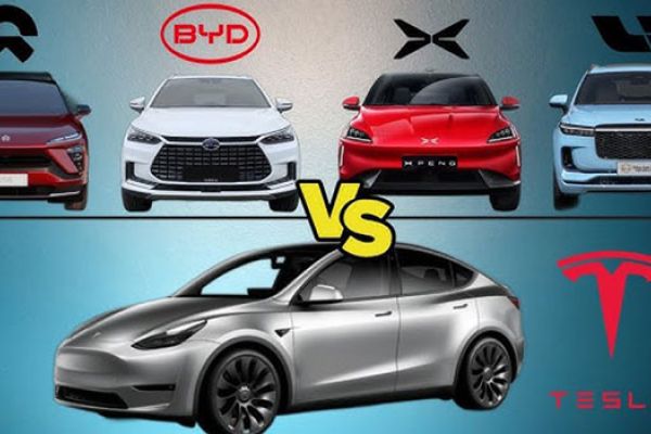 A comparison image showing electric vehicles from NIO, BYD, XPeng, Li Auto (top row) versus Tesla (bottom row, a silver SUV with Tesla logo), highlighting competition in the EV market.