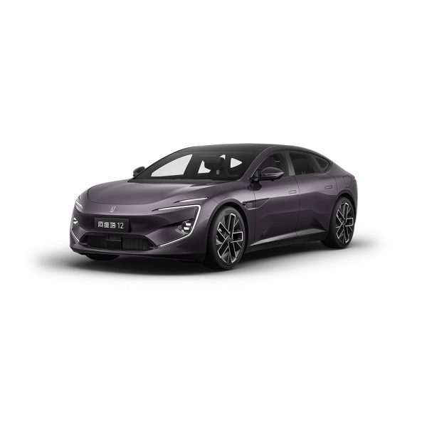 A dark - purple sedan named “Avita 12” with a sleek design, isolated on a white background.