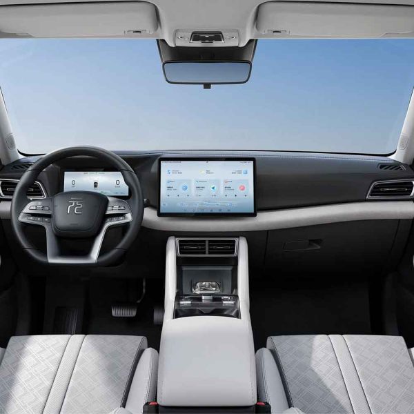 Top - down view of a car interior, showcasing a modern dashboard with dual screens, a sleek steering wheel, and a minimalist center console.
