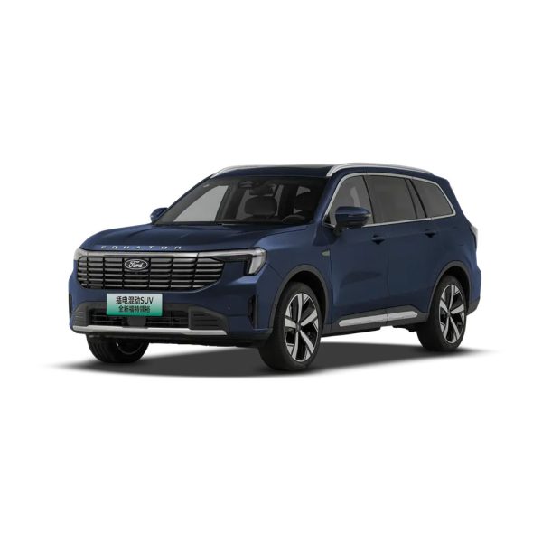 Side view of the blue Ford Equator plug - in hybrid SUV with a green license plate.