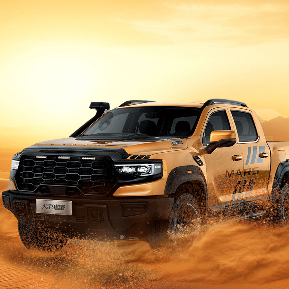 A yellow off - road pickup truck driving on a sandy desert, kicking up sand, with a bright yellow sky in the background.