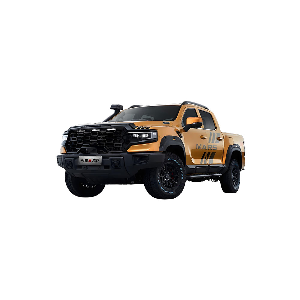 A yellow off - road pickup truck with "MARS" logo, featuring rugged design and black accents.