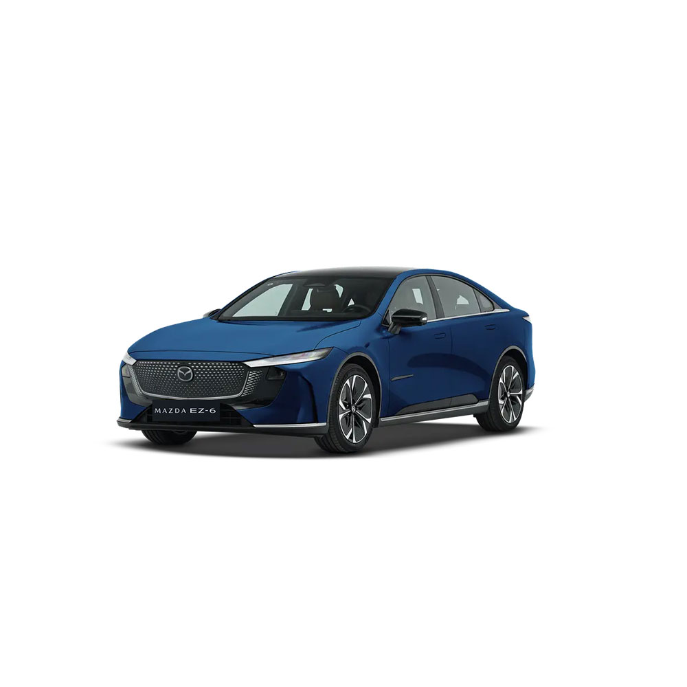 A blue Mazda EZ - 6 sedan with a sleek design, featuring the Mazda logo on the front grille.