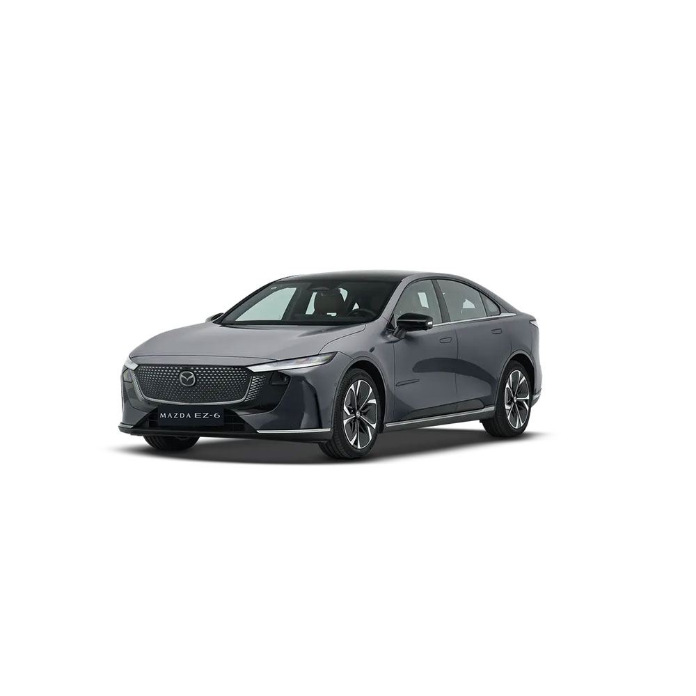 A gray Mazda EZ - 6 sedan with a sleek design, showcasing the Mazda logo on the front grille.