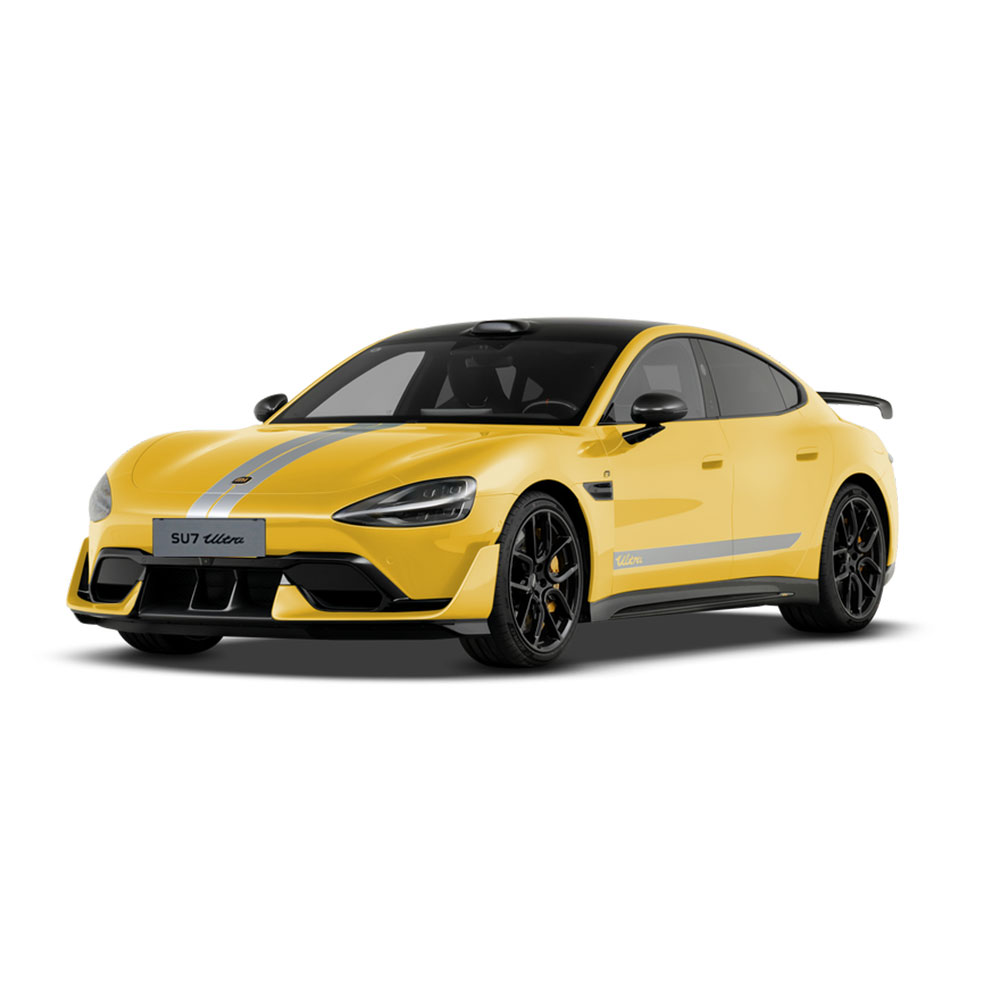A yellow electric sports car named “XIAOMI SU7 Ultra” with gray stripes.