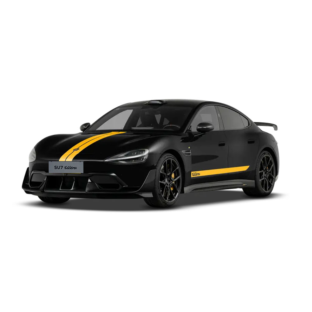 A black electric sports car named “XIAOMI SU7 Ultra” with yellow stripes.