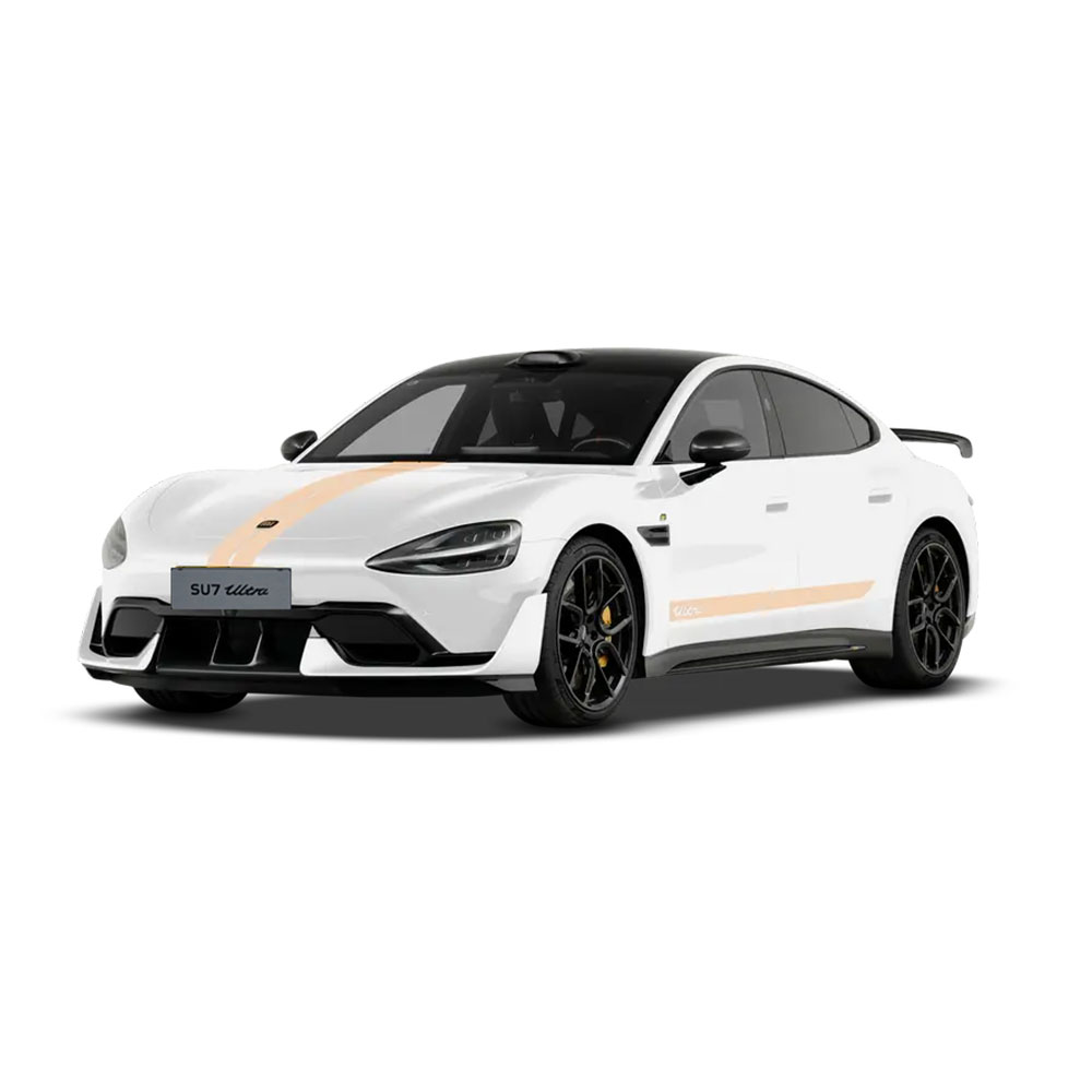 A white and orange - striped electric sports car named "XIAOMI SU7 Ultra".