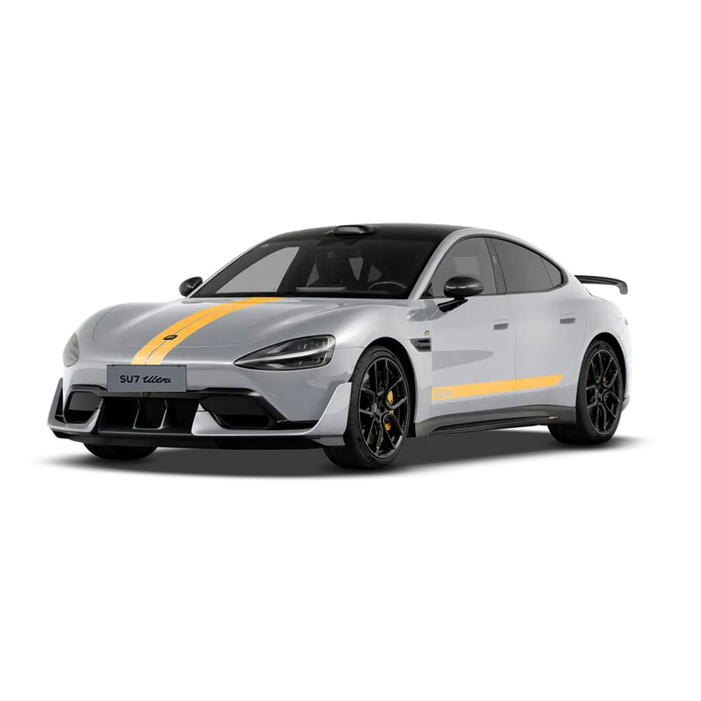 A silver SU7 Ultra sports car with yellow stripes.