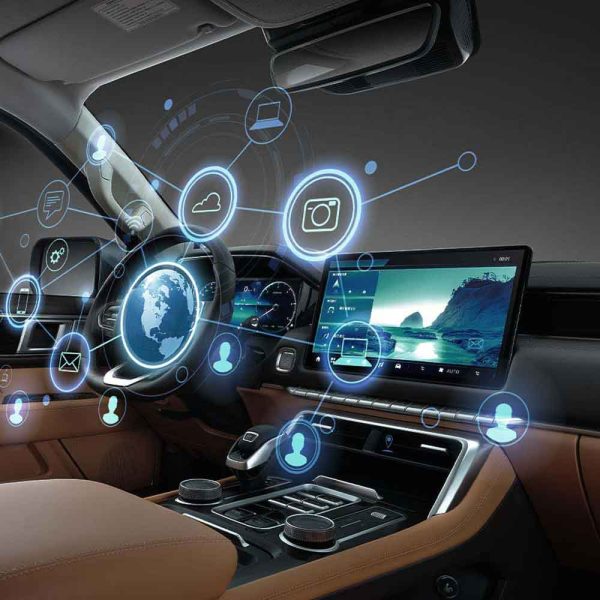 High - tech vehicle cabin: Digital connectivity symbols overlaying the steering wheel and infotainment system.