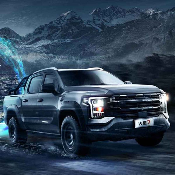 “Mars 7” pickup truck driving on a road with a mountainous, sci - fi background.