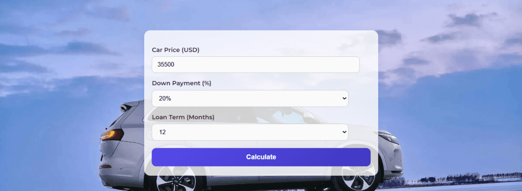 A car loan calculator interface with a white car in the background under a twilight sky.