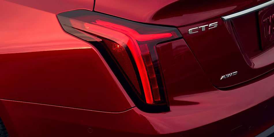 View of the Exterior Rear Tail Lamp on Red 2025 Cadillac CT5 Trunk