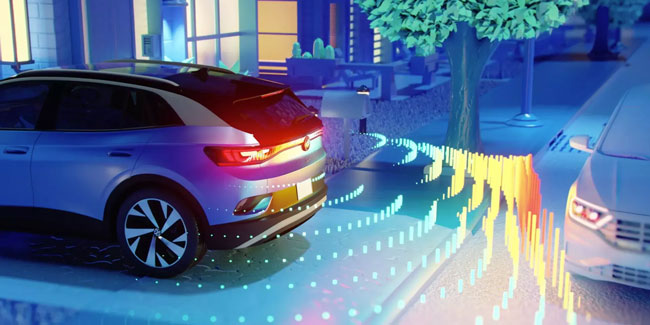 Vibrant, stylized night scene: 2025 Volkswagen ID. Buzz IQ.DRIVE® with glowing digital light patterns on the ground, futuristic vibe.