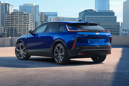 Three-Quarter Rear View of a Blue 2025 Cadillac LYRIQ