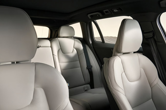 Front and rear leather upholstered seats in the 2026 Volvo V60 Cross Country.