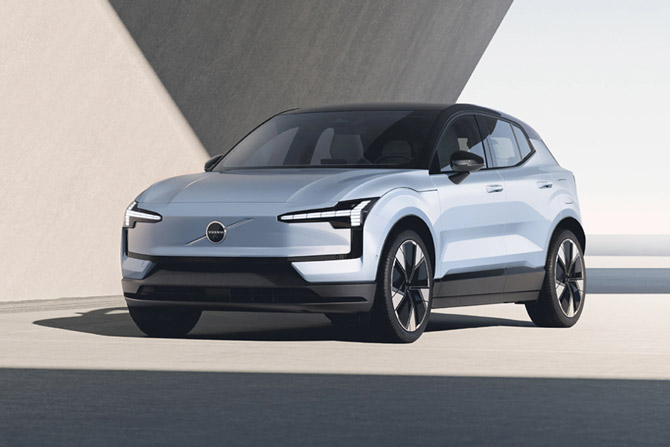 Front-angle view of the Volvo EX30 highlighting exterior features