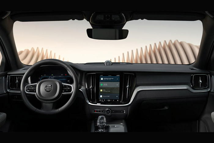 The 2026 Volvo V60 Cross Country’s steering wheel, instrument panel and infotainment touchscreen.