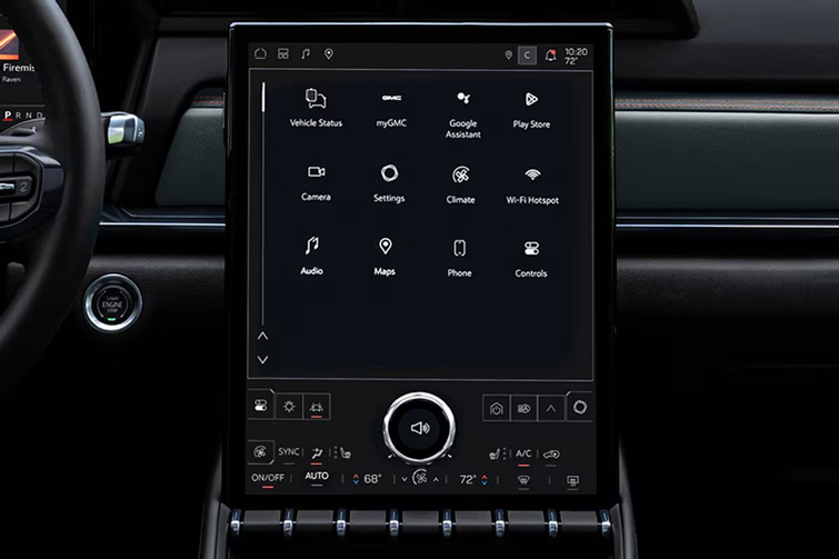 Close-up Interior View of the 15 Inch Premium GMC Infotainment System in the Terrain AT4 Small Off-Road SUV