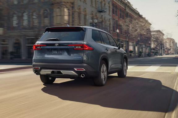 Rear three-quarter view of the 2026 Toyota Grand Highlander Hybrid MAX Platinum model